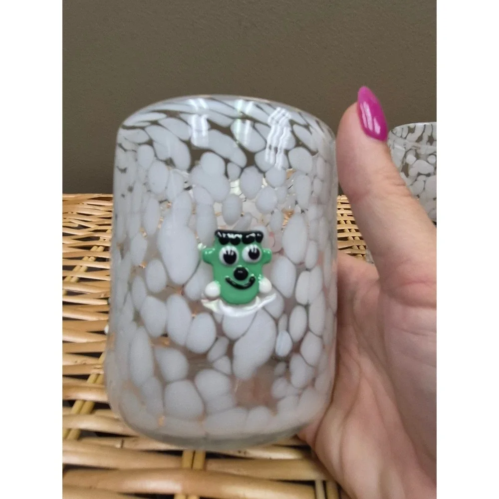 Halloween Hand Blown Confetti Art Glass Tumblers Frankenstein Bat Set of 3 Decor